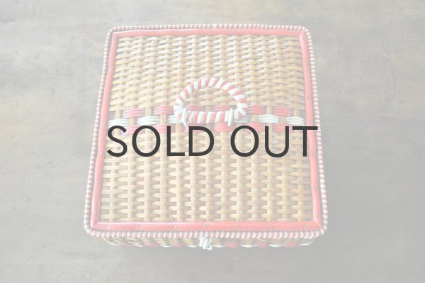 画像3: ドイツ・ヴィンテージ 編みかごソーイングボックススクエア型/赤ライン