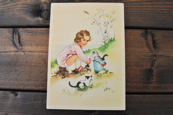 画像1: ドイツ・ヴィンテージポストカード/未使用/猫と少女